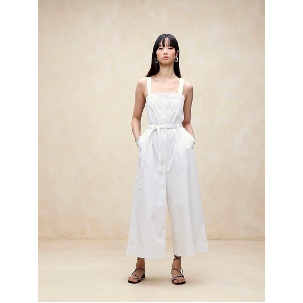 Banana Republic Cotton Poplin Tie Waist Wide Leg Coastal Jumpsuit White 10 Tall